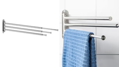 Las toallas se quedan bien colocadas en un toallero como el de Ikea: de acero inoxidable y con brazos extensibles.