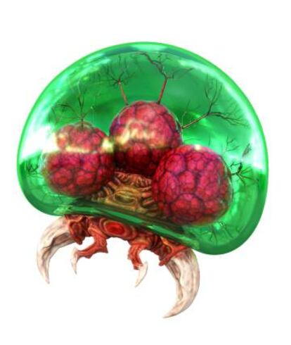 Arte conceptual de un metroid, la especie alienígena enemiga de la cazarrecompensas espacial Samus Aran.