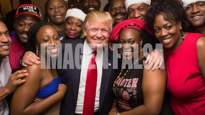 Una imagen falsa, creada por inteligencia artificial, de Donald Trump rodeado por supuestos simpatizantes afroamericanos que se compartió en redes sociales.