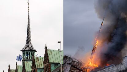 El antes y el después del edificio de la antigua Bolsa de Copenhague, en Dinamarca.