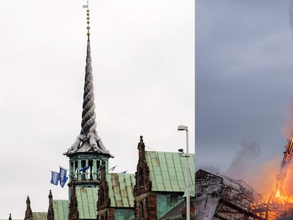 El antes y el después del edificio de la antigua Bolsa de Copenhague, en Dinamarca.