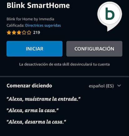 App Alexa instalando en Skill de la compañía Blink