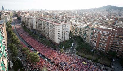 Los asistentes a la manifestación han llenado la avenida de pancartas reivindicativas y 'estelades'.