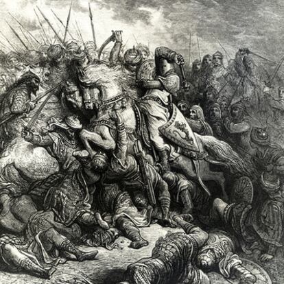 Escena de la batalla de Acre en 1191, en Tierra Santa, entre Ricardo I y Saladino. Grabado de Gustave Doré de 1832.