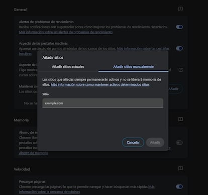 Ahorro de memoria excepciones en Chrome