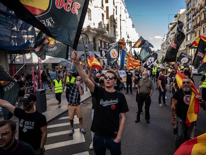Manifestación de extrema derecha y neonazis en el centro de Madrid, este sábado.