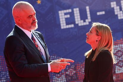 Albania's Prime Minister Edi Rama welcomes Italy's Prime Minister Giorgia Meloni before the EU-Western Balkans summit in Tirana, Albania