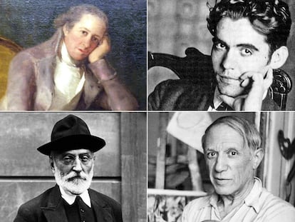 A la izquierda Jovellanos y Unamuno, antitaurinos;  a la derecha, Lorca y Picasso, taurinos.