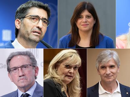 Los exconsejeros de Junts del Ejecutivo catalán: Jordi Puigneró, Jaume Giró, Victòria Alsina, Josep Maria Argimon, Lourdes Ciuró, Gemma Geis y Violant Cervera.