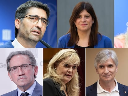 Los exconsejeros de Junts del Ejecutivo catalán: Jordi Puigneró, Jaume Giró, Victòria Alsina, Josep Maria Argimon, Lourdes Ciuró, Gemma Geis y Violant Cervera.
