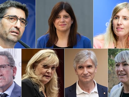 Los consejeros de Junts. Arriba, el ya cesado Jordi Puigneró, Gemma Geis y Victòria Alsina. En la fila de abajo, Jaume Giró, Violant Cervera, Josep Maria Argimon y Lourdes Ciuró.