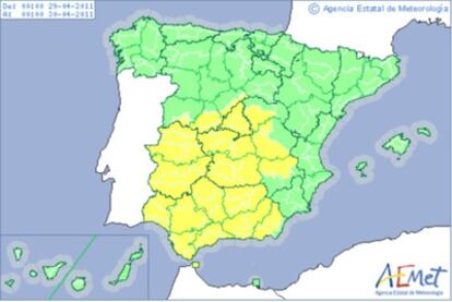 Mapa de avisos meteorológicos previsto para el viernes 29 de mayo.