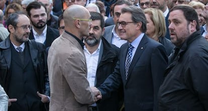 Desde la izquierda, Ba&ntilde;os, Romeva, Mas y Junqueras.