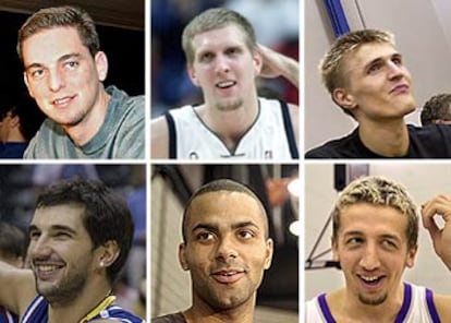 De izquierda a derecha y de arriba abajo, Pau Gasol, Dirk Nowitzki, Andrei Kirilenko, Predrag Stojakovic, Tony Parker e Hidayet Turkoglu, seis de los muchos baloncestistas <i>norteamericanos</i> presentes en el torneo sueco.