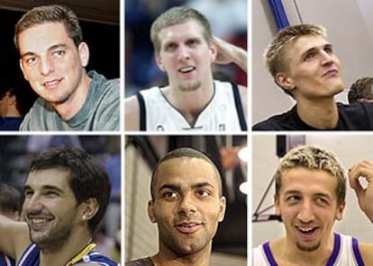 De izquierda a derecha y de arriba abajo, Pau Gasol, Dirk Nowitzki, Andrei Kirilenko, Predrag Stojakovic,  Tony Parker e Hidayet Turkoglu, seis de los muchos baloncestistas <i>norteamericanos</i> presentes en el torneo sueco.