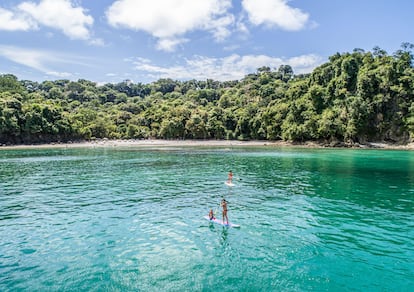 Una familia haciendo paddle surf en Manuel Antonio, Costa Rica.