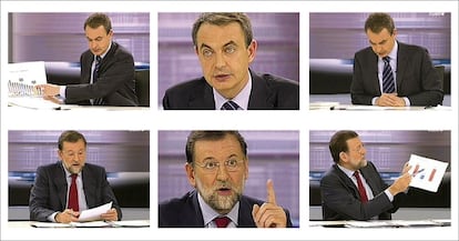 Seis momentos diferentes del segundo debate electoral de las elecciones generales de 2008. Tanto Rajoy como Zapatero se apoyaron en gráficos en varios momentos para apuntalar sus afirmaciones durante el debate.