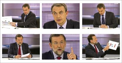 Seis momentos diferentes del segundo debate electoral de las elecciones generales de 2008. Tanto Rajoy como Zapatero se apoyaron en gráficos en varios momentos para apuntalar sus afirmaciones durante el debate.