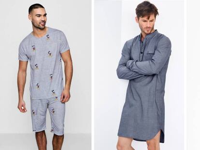 De izquierda a derecha, conjunto de Mickey Mouse, un pijama estilo camisa larga y pijama de terciopelo para los más frioleros.