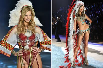 Karlie Kloss en 2012 (derecha) con las polémicas plumas asociadas a ciertas tribus y la misma referencia en 2017 (izquierda).