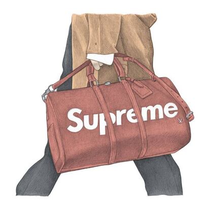 Ha sido la colaboración del año: Supreme, la deseadísima marca de 'skate' neoyorquina fundada en 1994 y Louis Vuitton, icono del lujo parisino, han firmado una colección conjunta que se entregó este verano y se agotó en horas. Así que, si quiere el clásico bolso Keepall de la firma francesa estampado a lo bestia con el inconfundible logo de la estadounidense (la estética podría ser más sutil, pero entonces ya no sería irónica), tendrá que pujar en la reventa.