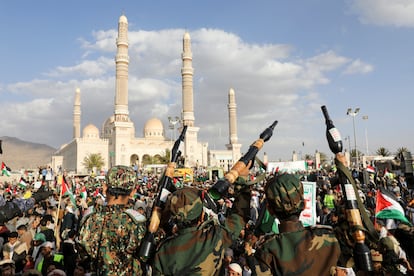 Houthi supporters commemorate fighters killed by the U.S. Navy, in Sanaa, Yemen.