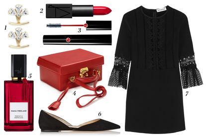 1. Small Affaire Pendientes 'Crystal Teardrop' 2. Nars Labial 3. Guerlain Máscara de Pestañas 4. Mark Cross Bolso tipo caja 5. Diana Vreeland Perfume 'Perfectly Marvelous' 6. Jimmy Choo Bailarinas planas 7. Self Portrait Vestido de manga francesa.