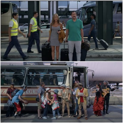 Two stills from ‘Murder Mystery.’ A flamenco dancer and a guitarist serenade the arrival of the bus, a dilapidated vehicle, like something out of the 1950s. All kinds of noisy people climb on board and naturally, Adam Sandler and Jennifer Aniston take flight without a backward glance.