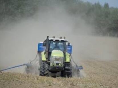 Un agricultor trabaja en un campo seco, con un tractor. EFE/Archivo
