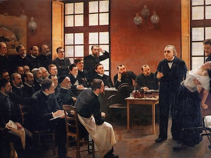 El cuadro 'Una lección clínica en la Salpetreire' de Pierre André Brouillet, que muestra a Jean-Martin Charcot dando una conferencia clínica sobre los síntomas de la histeria en La Salpêtrière.