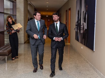 El presidente de la Junta de Castilla y León, Alfonso Fernández Mañueco (izquierda), conversa con el vicepresidente el vicepresidente, Juan García Gallardo. EFE/ Nacho Gallego