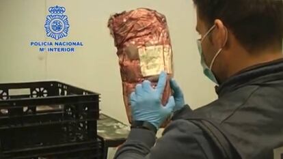 Seized meat from a Mallorca warehouse; the label has been tampered with.