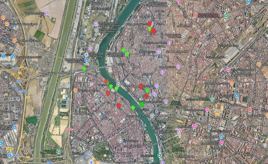 Emplazamientos de azulejos históricos relativos a inundaciones en Sevilla e identificados en el estudio de Iván Casero.