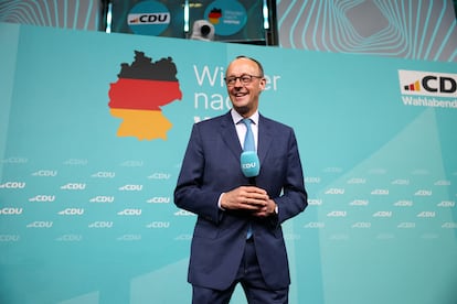 El líder del partido CDU, Friedrich Merz, tras la publicación de los sondeos que le dan la victoria en las elecciones este domingo en Berlín.