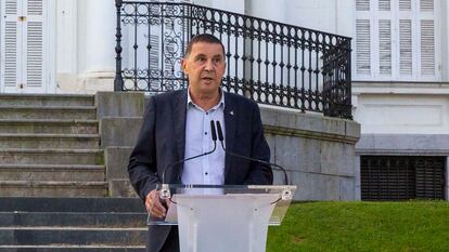 El coordinador general de EH Bildu, Arnaldo Otegi, en el décimo aniversario de la Declaración de Aiete, en San Sebastián.