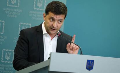 El presidente Volodímir Zelenski, en una rueda de prensa este martes en Kiev.