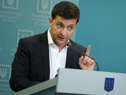 El presidente Volodímir Zelenski, en una rueda de prensa este martes en Kiev.