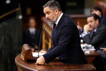 El presidente de Vox, Santiago Abascal, interviene durante el pleno en el Congreso este miércoles.