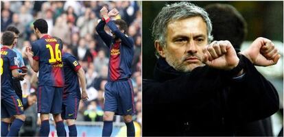 Mourinho y Piqu&eacute; hacen el gesto de esposados.