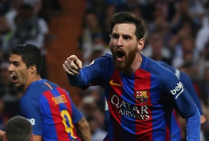 Lionel Messi celebra el tercer gol ante el Real Madrid