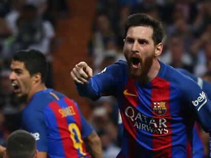 Lionel Messi celebra el tercer gol ante el Real Madrid
