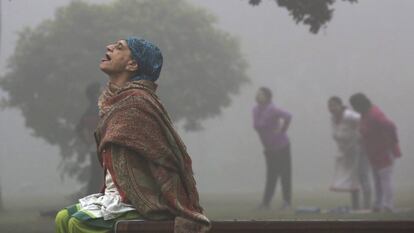 Situaciones extremas como la que atraviesa la megalópolis india cuestionan la sostenibilidad de la manera de vivir en zonas tan pobladas. En la foto, una mujer en medio de la pesada niebla en el jardín Lodhi de Nueva Delhi (India).