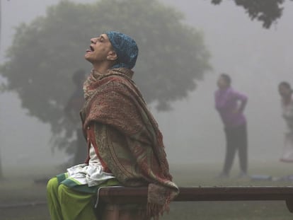 Situaciones extremas como la que atraviesa la megalópolis india cuestionan la sostenibilidad de la manera de vivir en zonas tan pobladas. En la foto, una mujer en medio de la pesada niebla en el jardín Lodhi de Nueva Delhi (India).