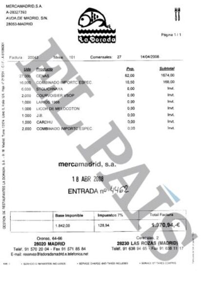 Factura de la marisquería La Dorada abonada por Mercamadrid