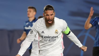 Sergio Ramos celebra su gol ante el Atalanta en la vuelta de los octavos de la Champions ante el Atalanta.