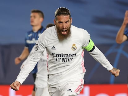 Sergio Ramos celebra su gol ante el Atalanta en la vuelta de los octavos de la Champions ante el Atalanta.