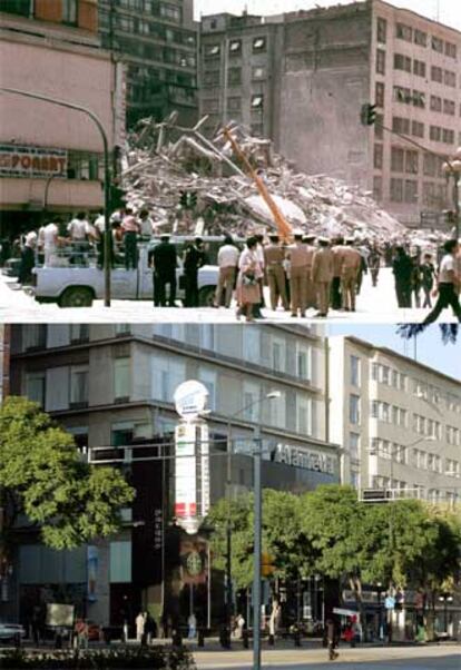 El montaje fotográfico muestra un edificio en 1985 (arriba) y ayer.