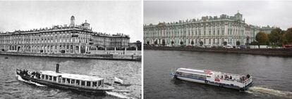 En este combo se ve el Palacio de Invierno de Zimny en San Petesburgo. A la izquierda, un barco navega por el río Neva frente al Palacio en 1917. A la derecha, un barco turístico navega por el río Neva frente al Palacio el 16 de octubre de 2017.