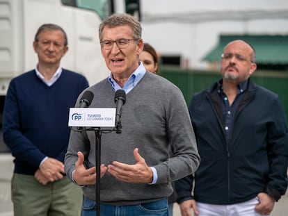 El presidente del PP, Alberto Núñez Feijóo, en un acto electoral este sábado en Tortosa (Tarragona), junto al candidato del PP a la presidencia de la Generalitat, Alejandro Fernández.