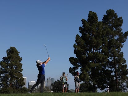 Viktor Hovland of Norway plays a second shot on the 12th hole during the second round of the 123rd U.S. Open Championship at The Los Angeles Country Club on June 16, 2023, in Los Angeles, California.
